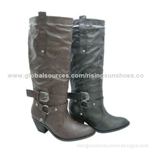 Women's Knee High Dress Calf Boots with Thick Wood Heels, Trendy Design, Metal Elements